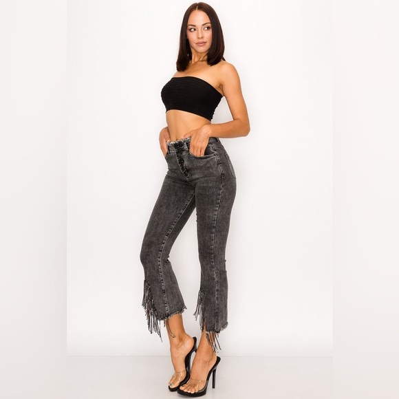Rhinestone Fringe Jeans with Frayed Waist - Picture 2 of 3